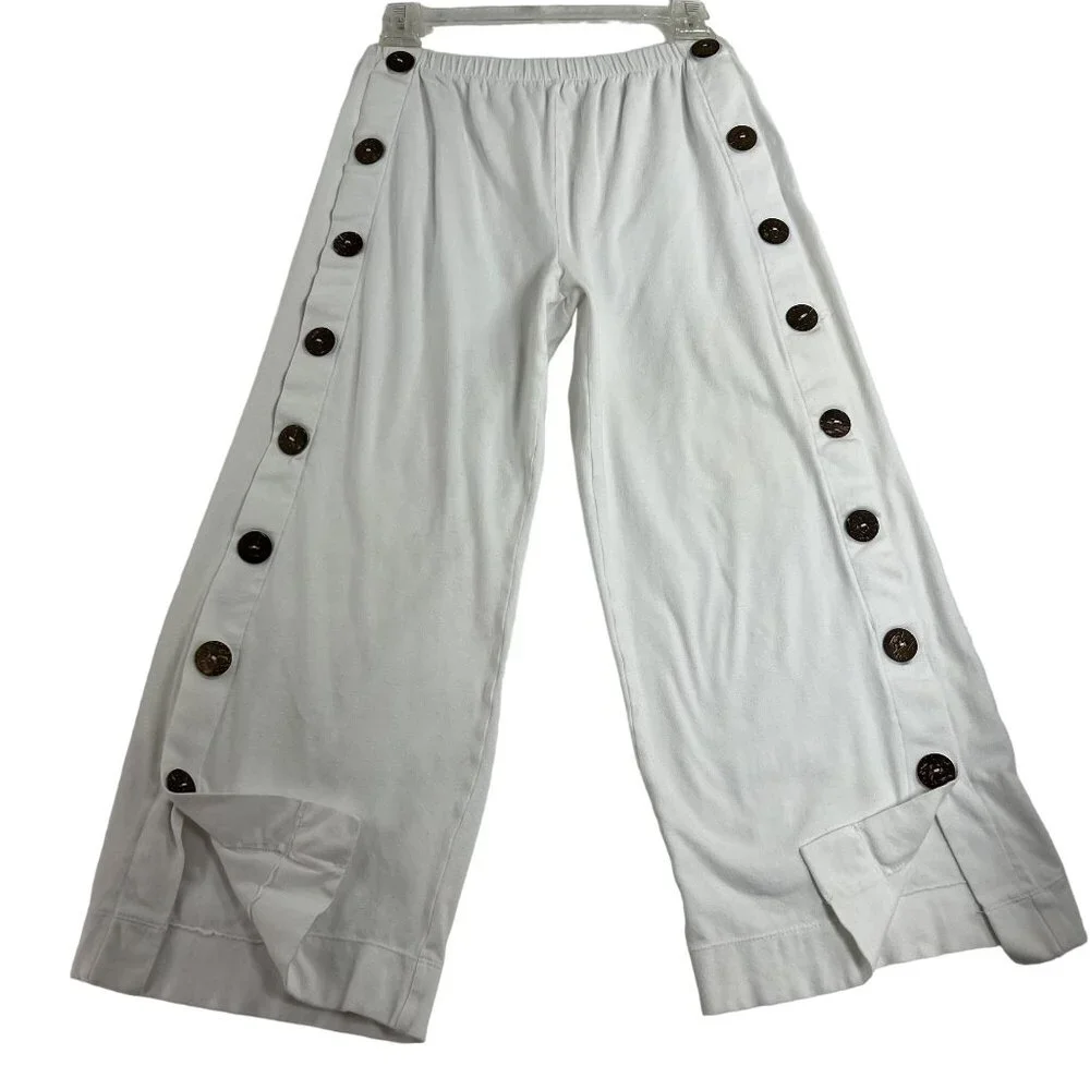 Soft Surroundings Womens S Newport Beach Pants White Wood Buttons Crop Wide Leg - Picture 2 of 13